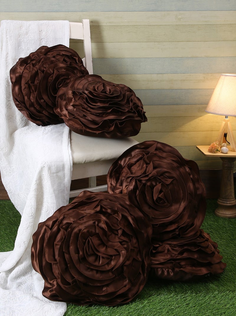 Brown Floral Polyester Cushion Cover Set of 5